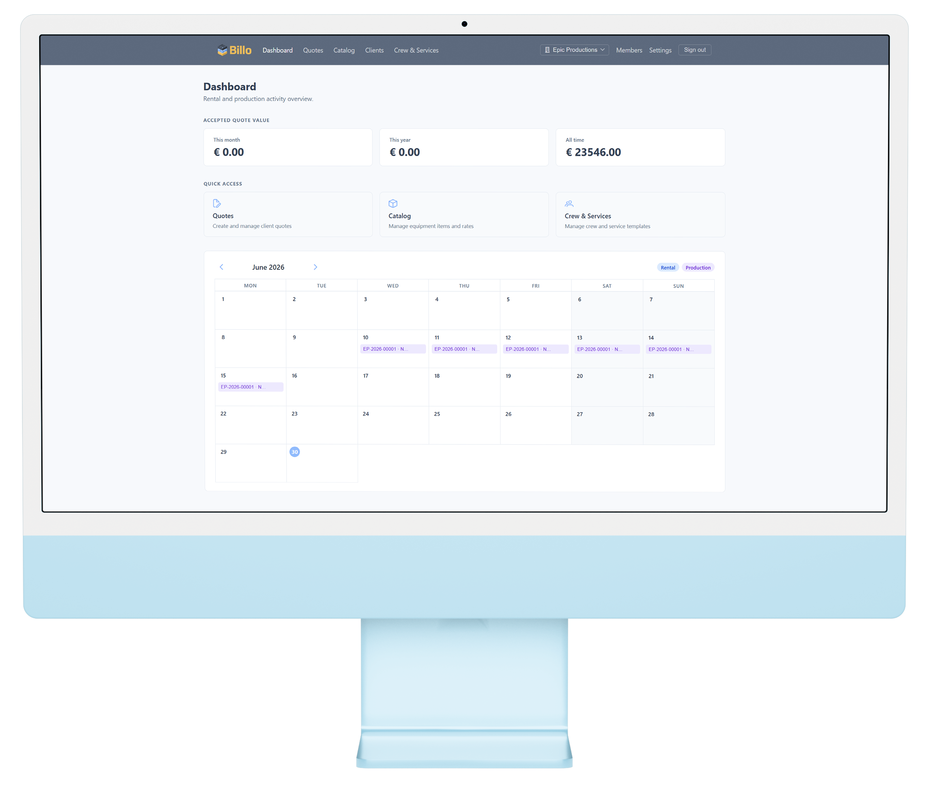 Billo dashboard showing quoting activity and accepted quote performance