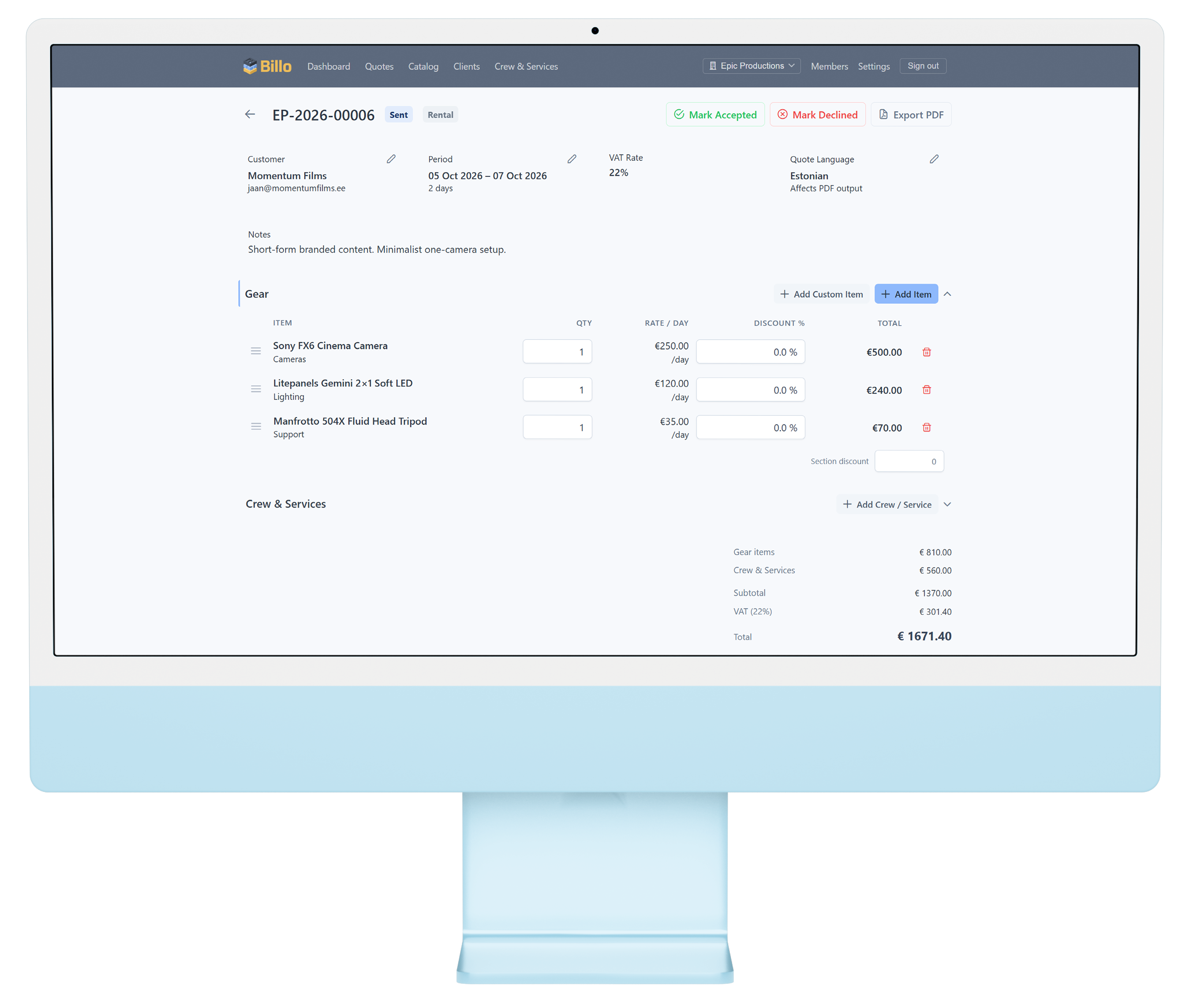 Quote editor with structured line items for equipment, crew, and services